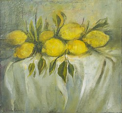 Limones, acrílico sobre madera. 42 × 39